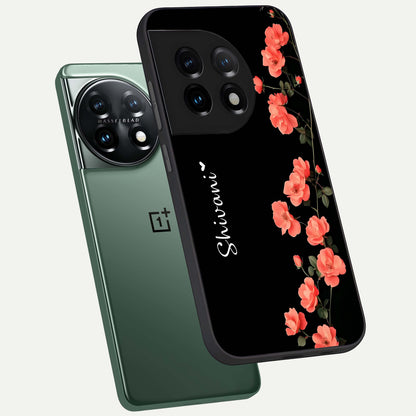  Crimson Bloom Grace Custom Name phone case For OnePlus 11 showing premium glass back cover with detailed artwork