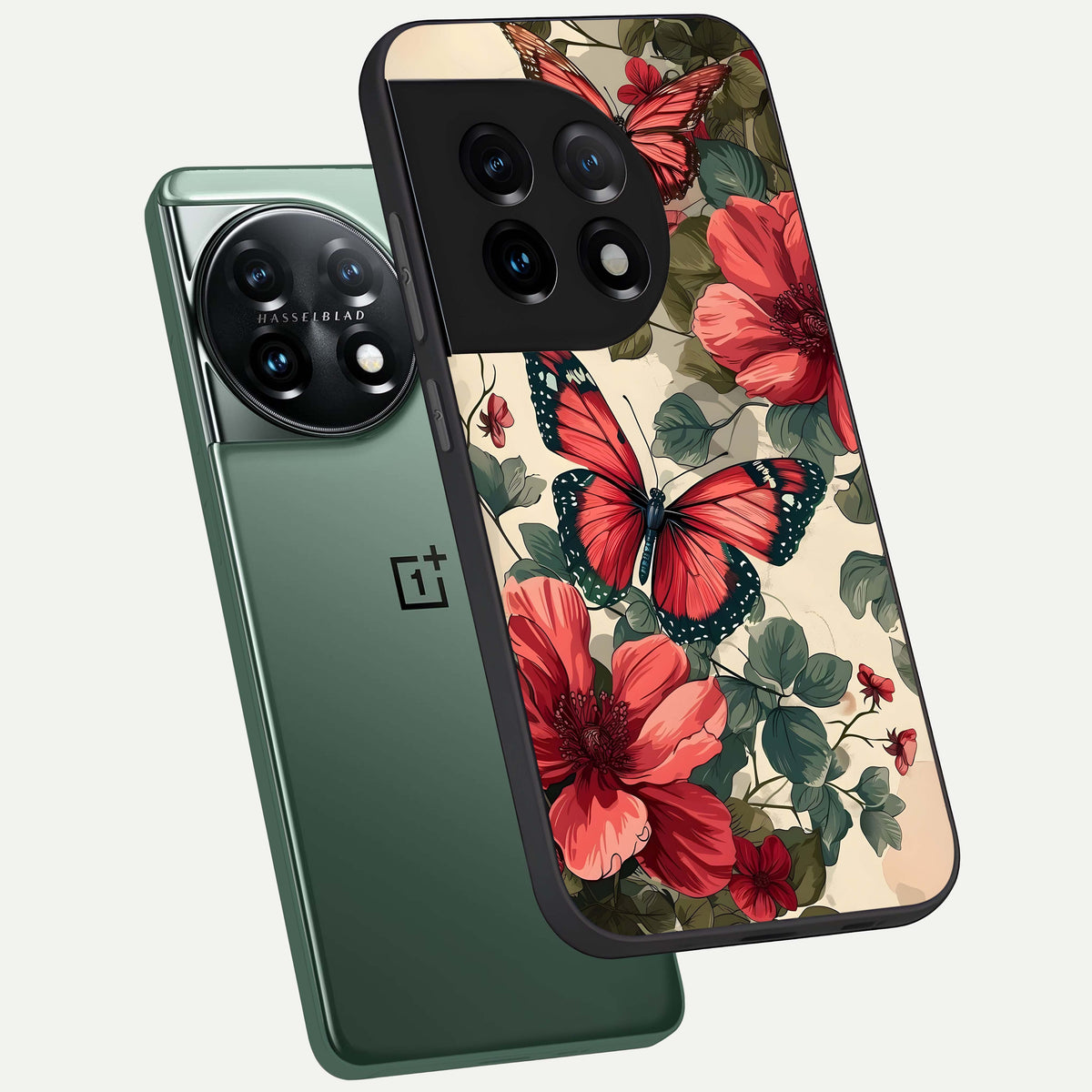  Crimson Butterfly Garden phone case For OnePlus 11 showing premium glass back cover with detailed artwork