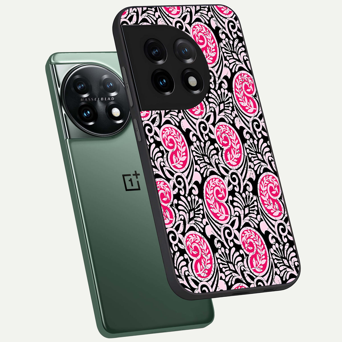  Crimson Paisley Charm phone case For OnePlus 11 showing premium glass back cover with detailed artwork