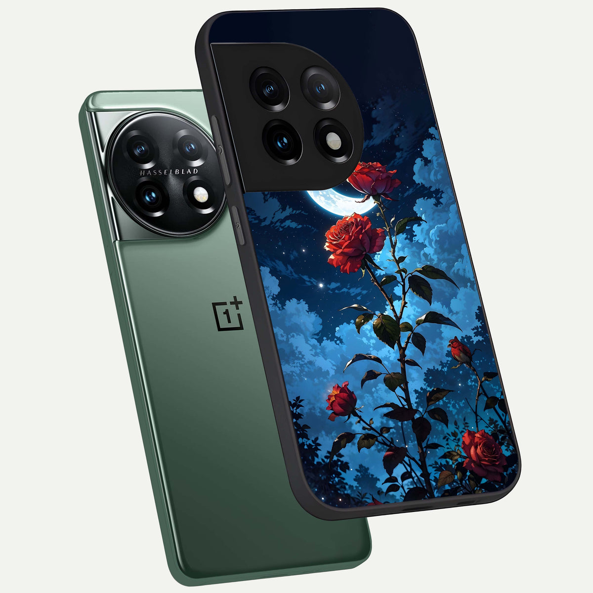  Crimson Rose Moon phone case For OnePlus 11 showing premium glass back cover with detailed artwork