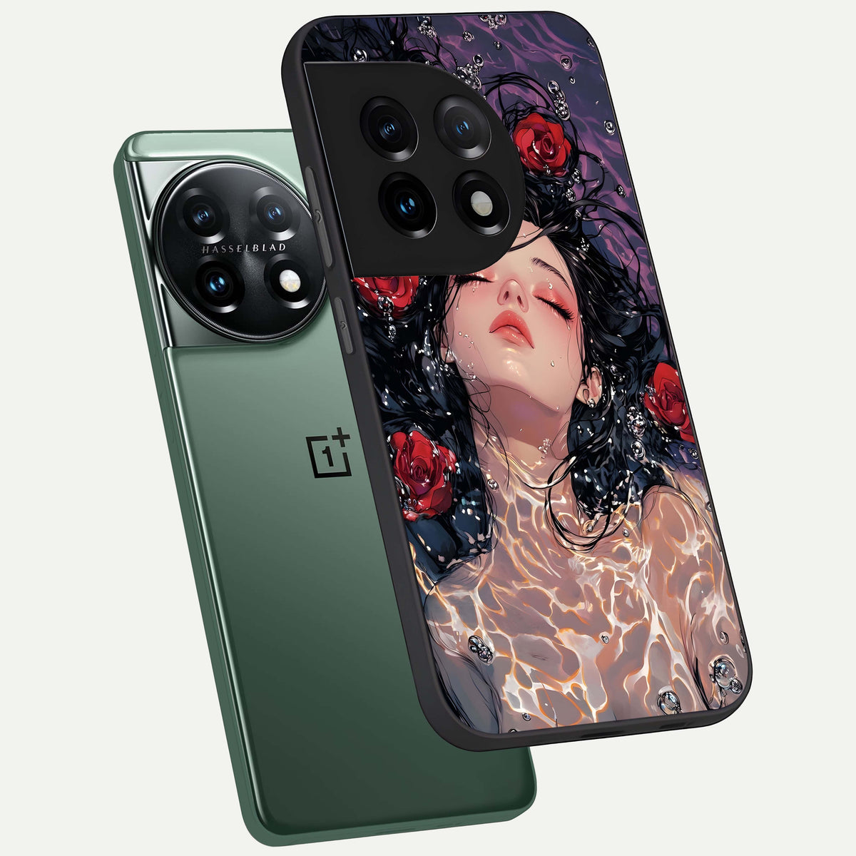  Crimson Rose Serenity phone case For OnePlus 11 showing premium glass back cover with detailed artwork