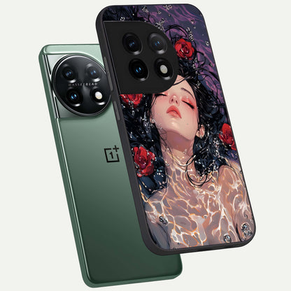  Crimson Rose Serenity phone case For OnePlus 11 showing premium glass back cover with detailed artwork