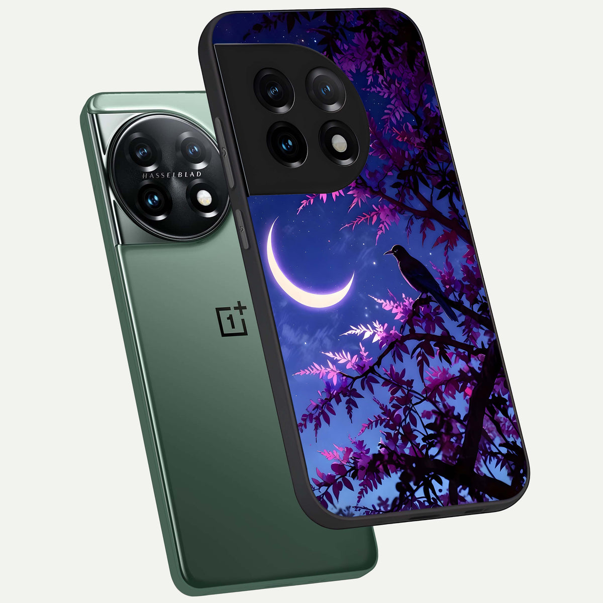  Crow And Moon Scenery phone case For OnePlus 11 showing premium glass back cover with detailed artwork