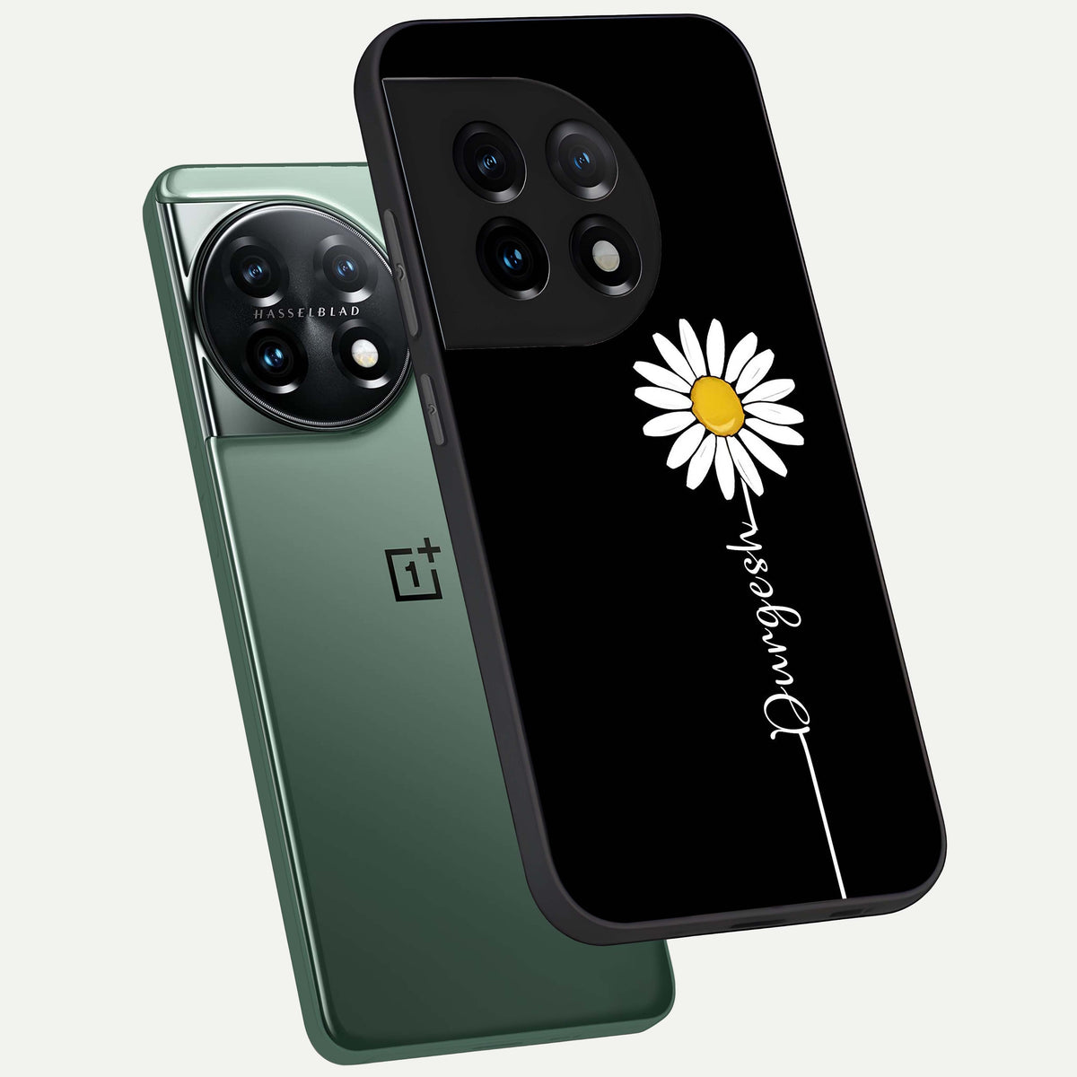  Custom Name White Flower phone case For OnePlus 11 showing premium glass back cover with detailed artwork