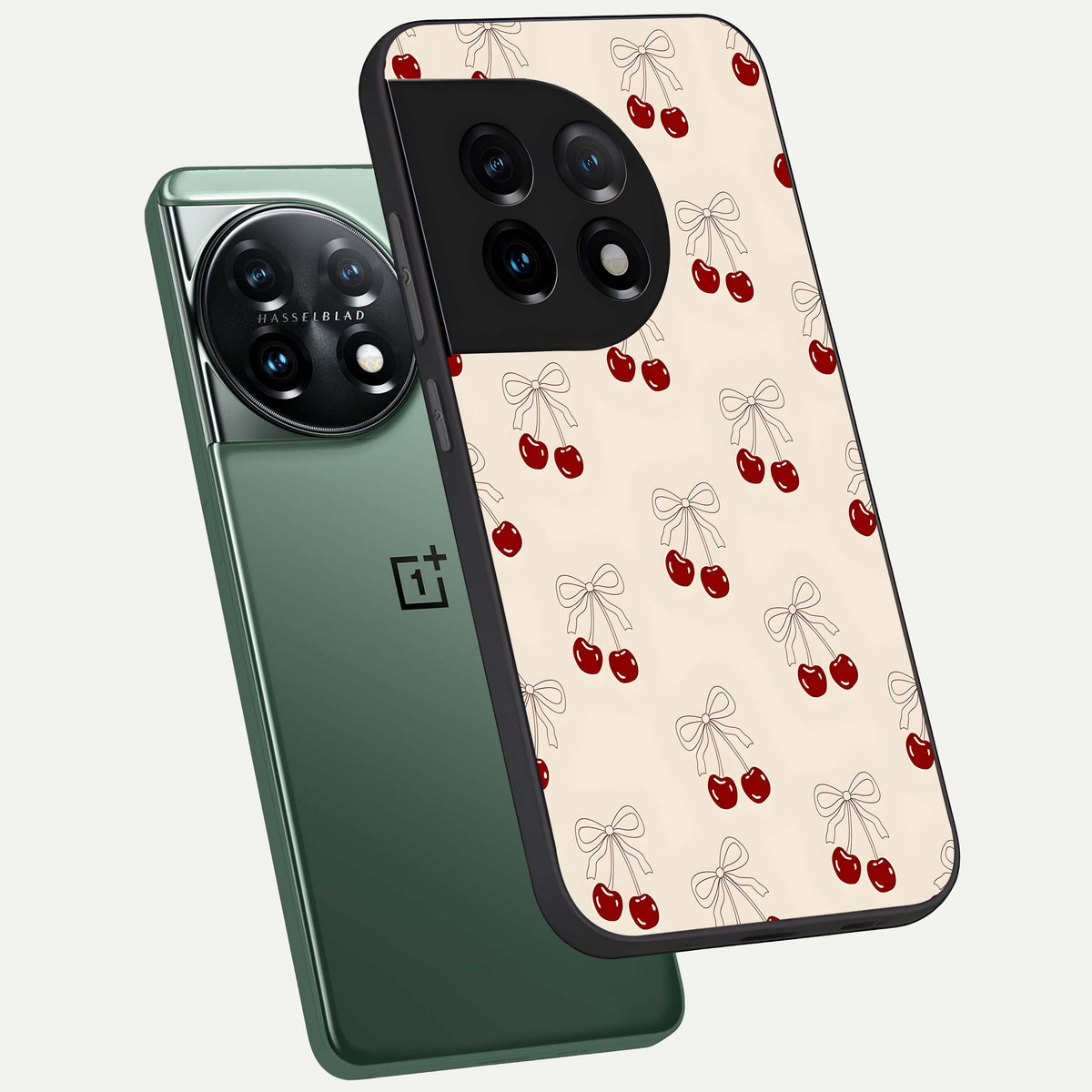  Cute Cherry Pattern phone case For OnePlus 11 showing premium glass back cover with detailed artwork