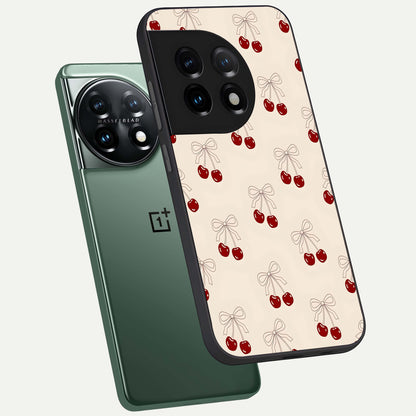  Cute Cherry Pattern phone case For OnePlus 11 showing premium glass back cover with detailed artwork
