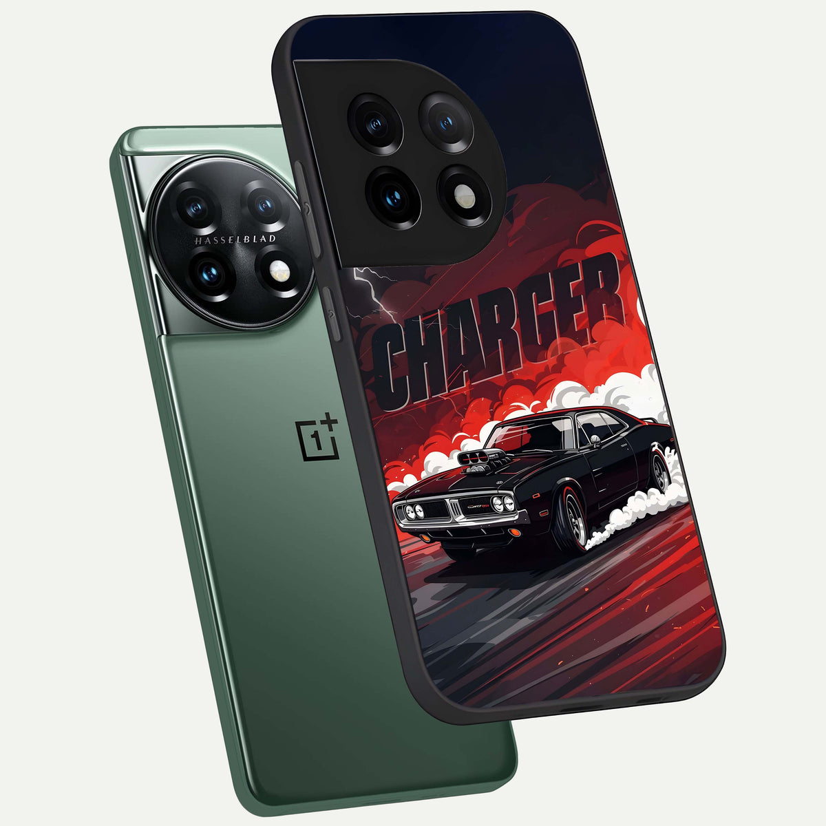  Dark Charger Fury phone case For OnePlus 11 showing premium glass back cover with detailed artwork