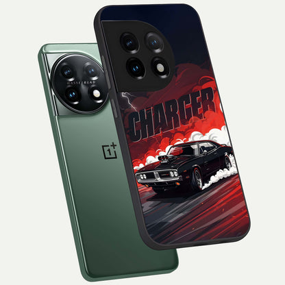  Dark Charger Fury phone case For OnePlus 11 showing premium glass back cover with detailed artwork