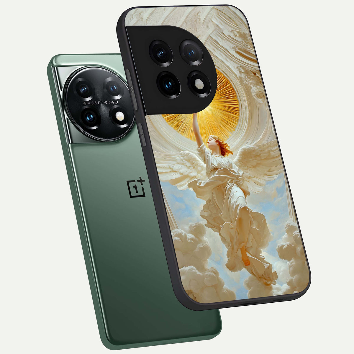  Divine Light Angel phone case For OnePlus 11 showing premium glass back cover with detailed artwork