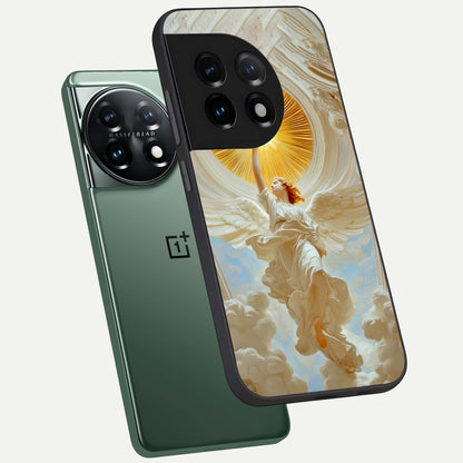  Divine Light Angel phone case For OnePlus 11 showing premium glass back cover with detailed artwork