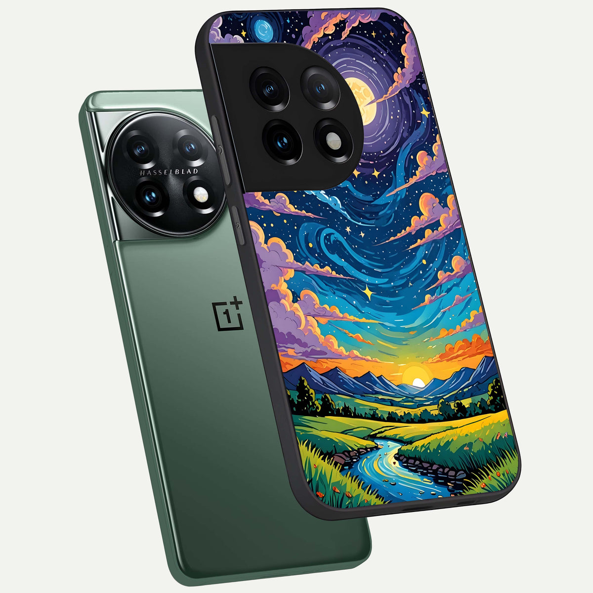  Dreamy Night Landscape phone case For OnePlus 11 showing premium glass back cover with detailed artwork