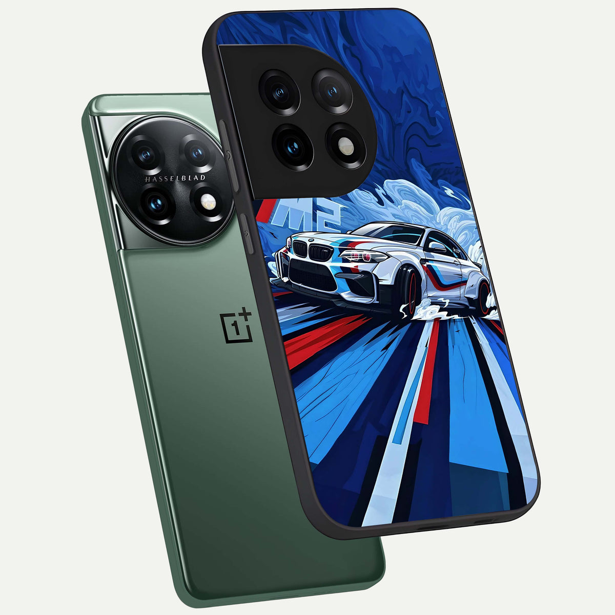  Drift Power Rush phone case For OnePlus 11 showing premium glass back cover with detailed artwork