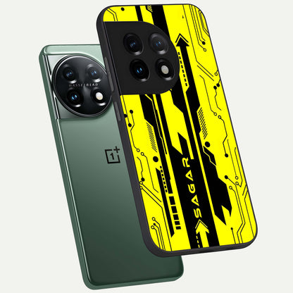  Electric Pulse CYBERPUNK Custom Name phone case For OnePlus 11 showing premium glass back cover with detailed artwork