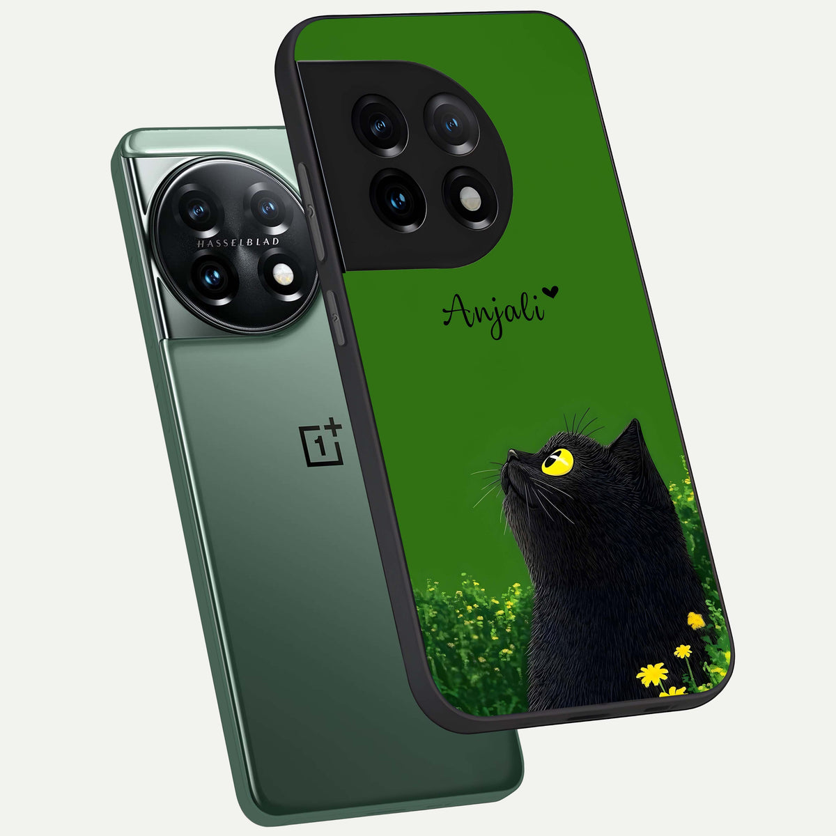  Emerald Cat Custom Name phone case For OnePlus 11 showing premium glass back cover with detailed artwork