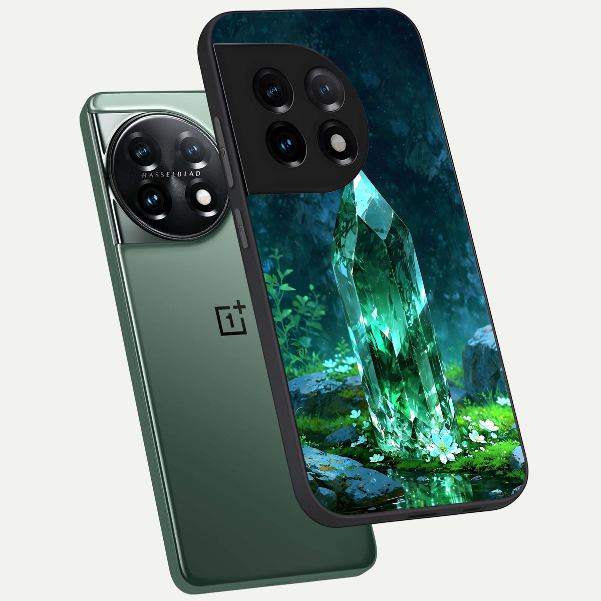  Emerald Light Crystal phone case For OnePlus 11 showing premium glass back cover with detailed artwork