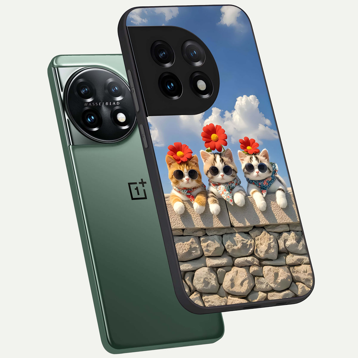  Floral Kitty Squad phone case For OnePlus 11 showing premium glass back cover with detailed artwork