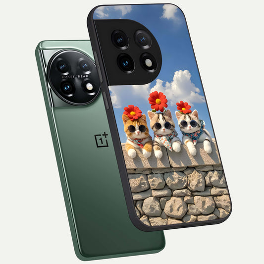  Floral Kitty Squad phone case For OnePlus 11 showing premium glass back cover with detailed artwork