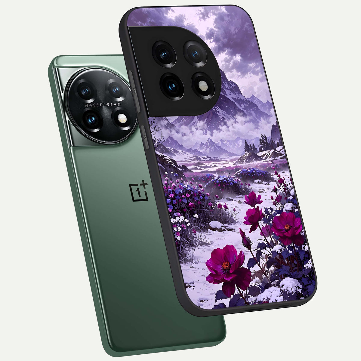  Flower Mountain View phone case For OnePlus 11 showing premium glass back cover with detailed artwork