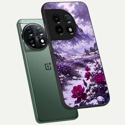  Flower Mountain View phone case For OnePlus 11 showing premium glass back cover with detailed artwork