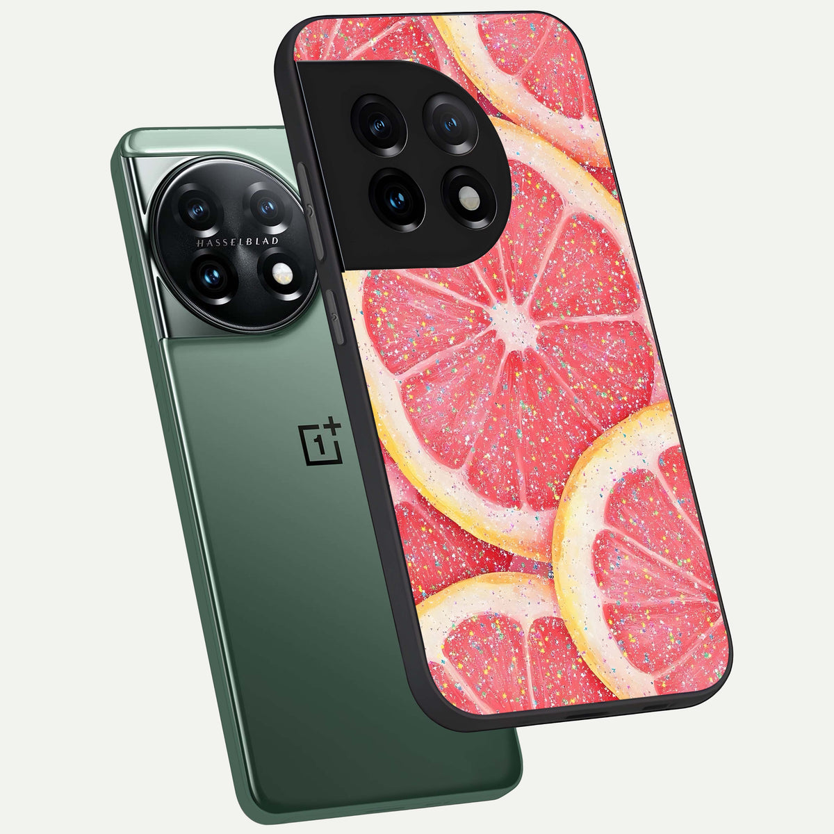  Glitter Grapefruit phone case For OnePlus 11 showing premium glass back cover with detailed artwork