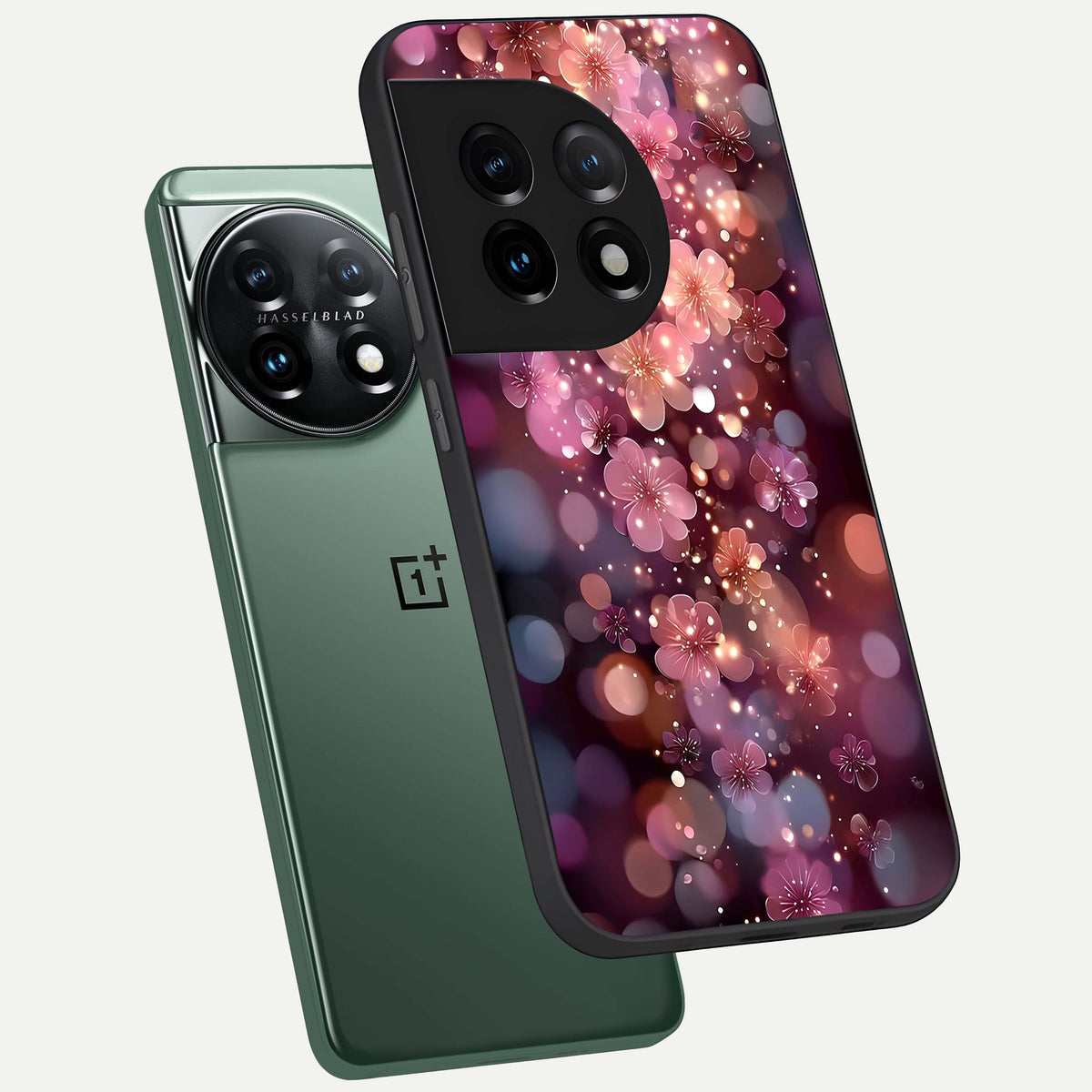  Glowing Petal Bliss phone case For OnePlus 11 showing premium glass back cover with detailed artwork