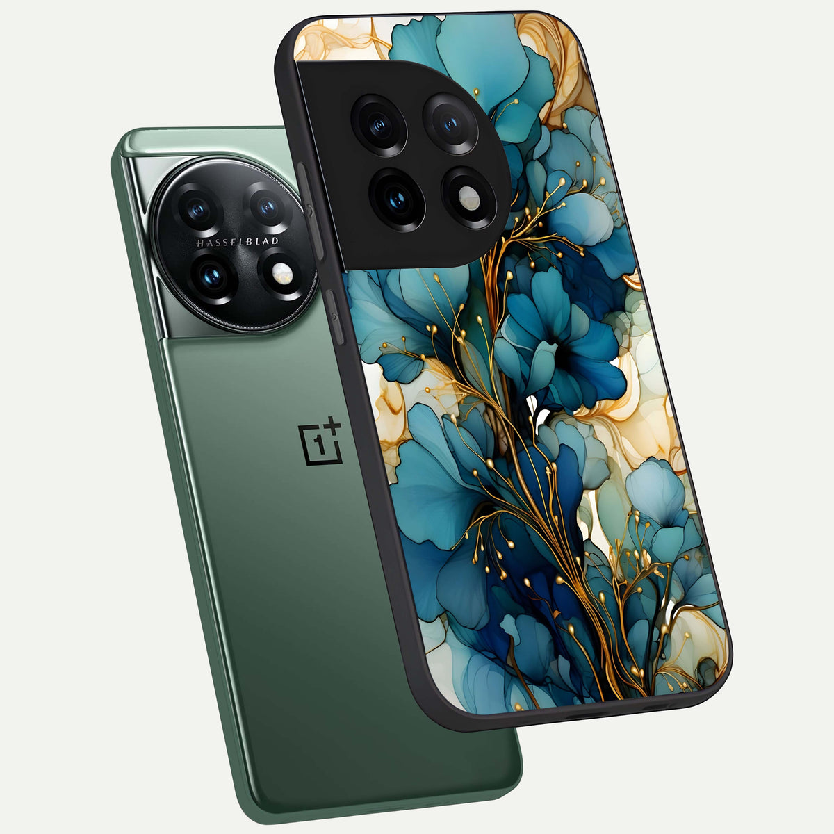  Golden Bloom Symphony phone case For OnePlus 11 showing premium glass back cover with detailed artwork