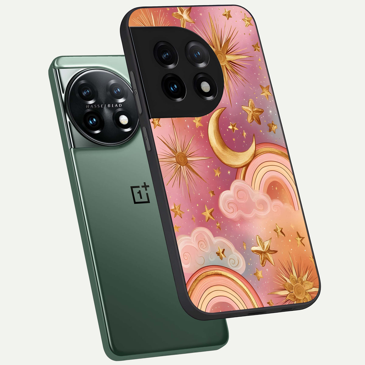  Golden Celestial Dreams phone case For OnePlus 11 showing premium glass back cover with detailed artwork