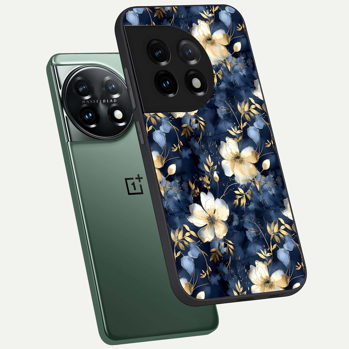  Golden Midnight Bloom phone case For OnePlus 11 showing premium glass back cover with detailed artwork