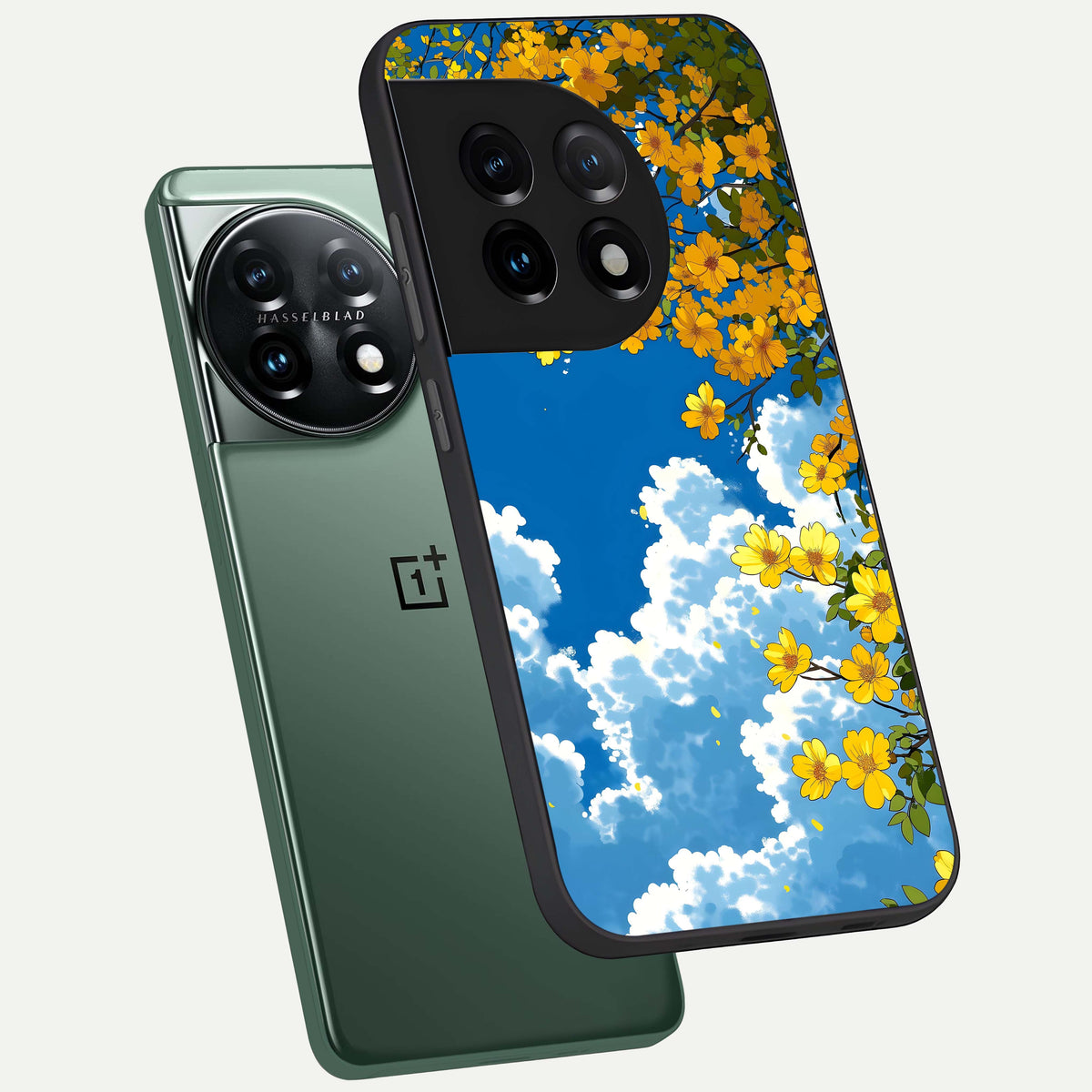  Golden Petal Sky phone case For OnePlus 11 showing premium glass back cover with detailed artwork