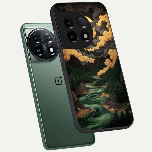  Golden River Moon phone case For OnePlus 11 showing premium glass back cover with detailed artwork
