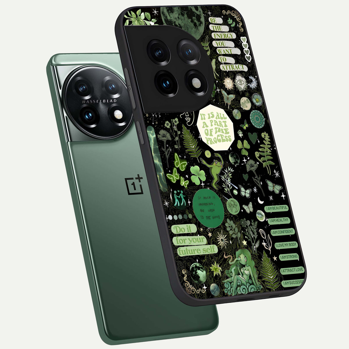  Green Mandala Pattern phone case For OnePlus 11 showing premium glass back cover with detailed artwork