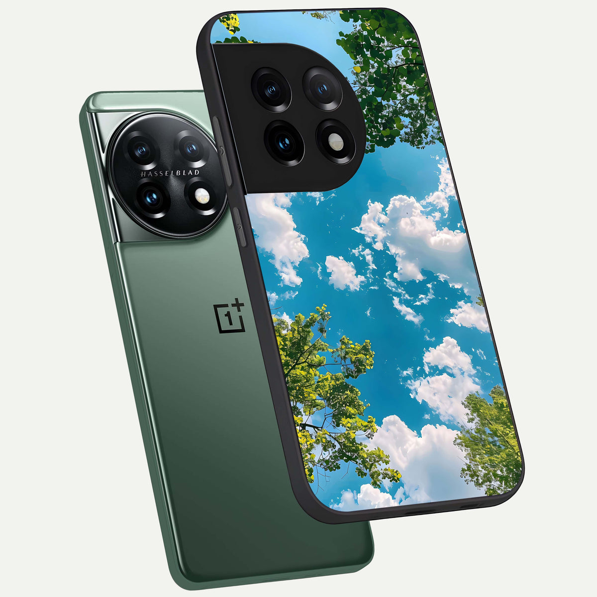  Green Moon Energy phone case For OnePlus 11 showing premium glass back cover with detailed artwork