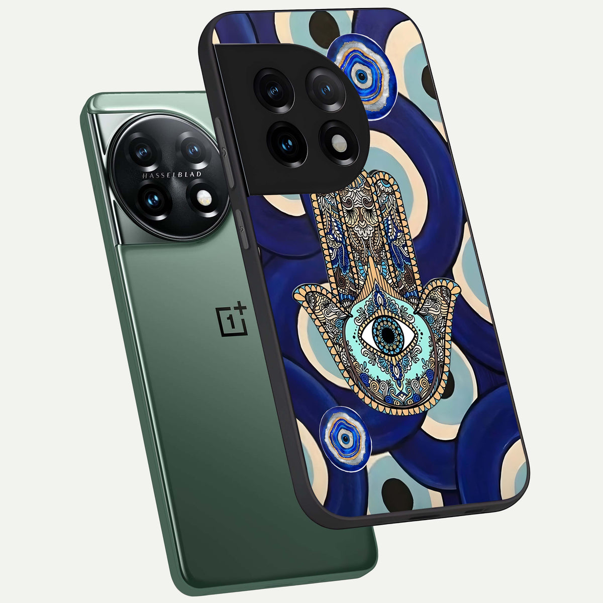  Hamsa Divine Guard phone case For OnePlus 11 showing premium glass back cover with detailed artwork