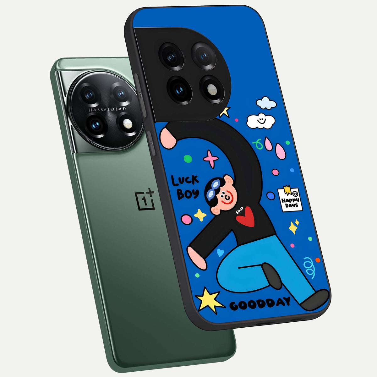  Happy Luck Vibe phone case For OnePlus 11 showing premium glass back cover with detailed artwork