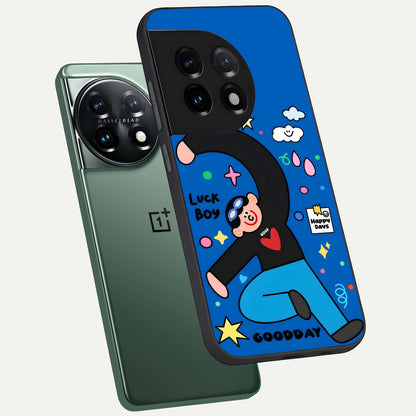  Happy Luck Vibe phone case For OnePlus 11 showing premium glass back cover with detailed artwork