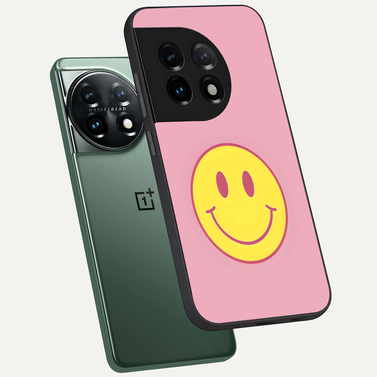  Happy Pink Mood phone case For OnePlus 11 showing premium glass back cover with detailed artwork