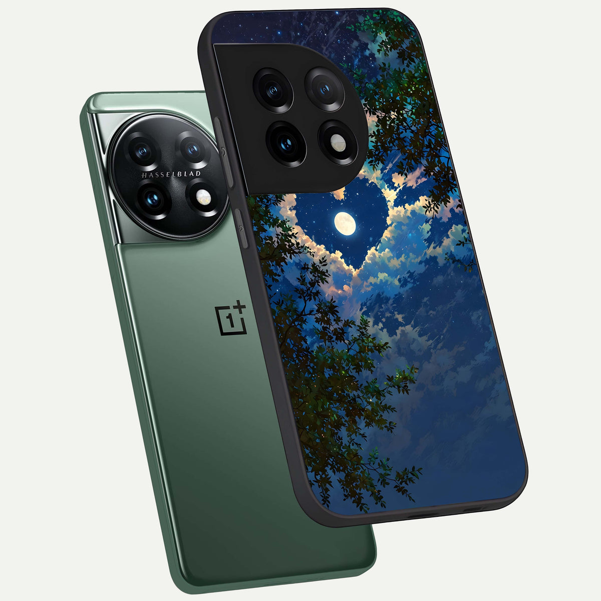  Heart With Moon Sky phone case For OnePlus 11 showing premium glass back cover with detailed artwork