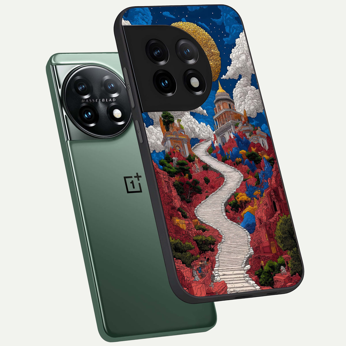  Heavenly Moon Path phone case For OnePlus 11 showing premium glass back cover with detailed artwork