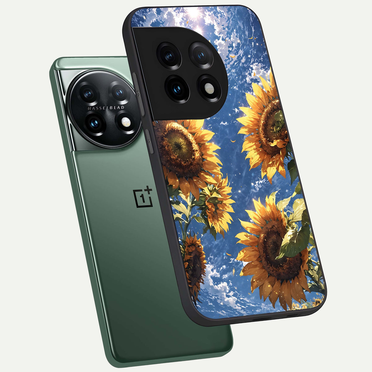  Heavenly Sunflower Rise phone case For OnePlus 11 showing premium glass back cover with detailed artwork