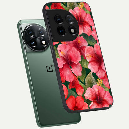  Hibiscus Pattern phone case For OnePlus 11 showing premium glass back cover with detailed artwork