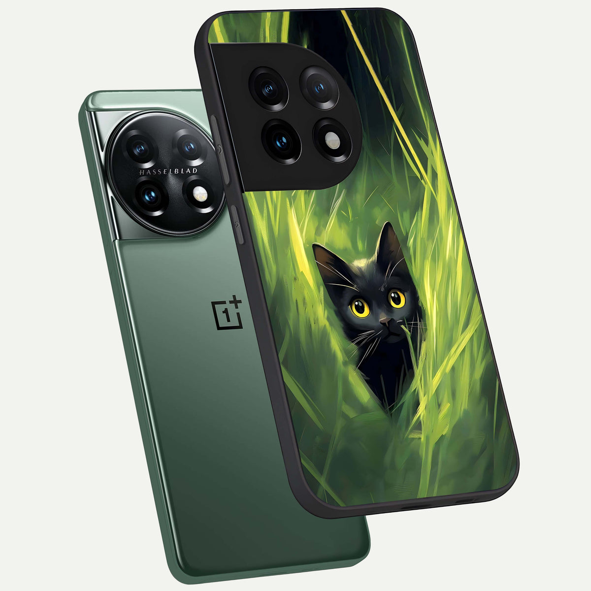  Hidden Cat Whisper phone case For OnePlus 11 showing premium glass back cover with detailed artwork