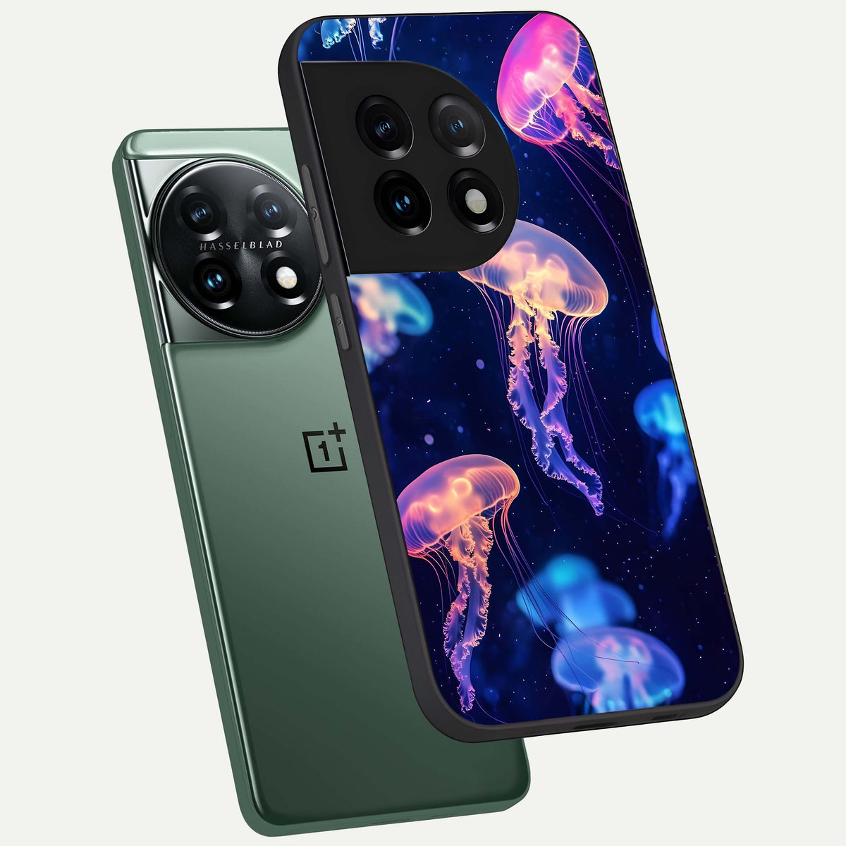  Jellyfish Pattern phone case For OnePlus 11 showing premium glass back cover with detailed artwork