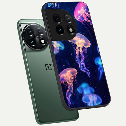  Jellyfish Pattern phone case For OnePlus 11 showing premium glass back cover with detailed artwork