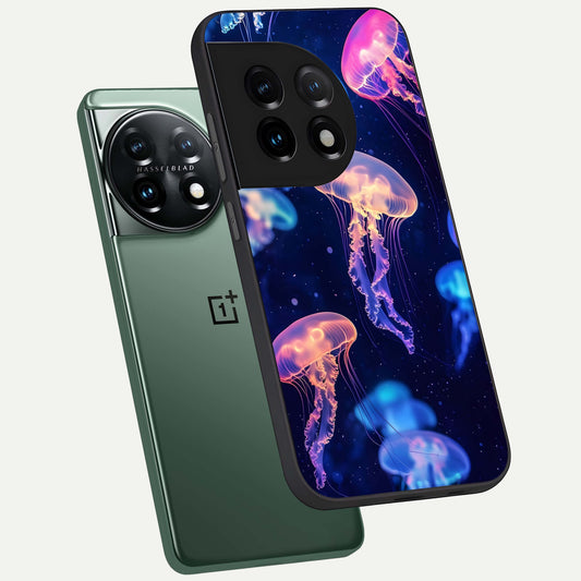 Jellyfish Pattern phone case For OnePlus 11 showing premium glass back cover with detailed artwork