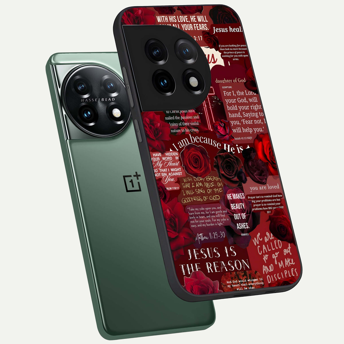  Jesus Love Heals phone case For OnePlus 11 showing premium glass back cover with detailed artwork