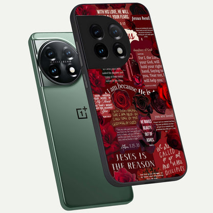  Jesus Love Heals phone case For OnePlus 11 showing premium glass back cover with detailed artwork