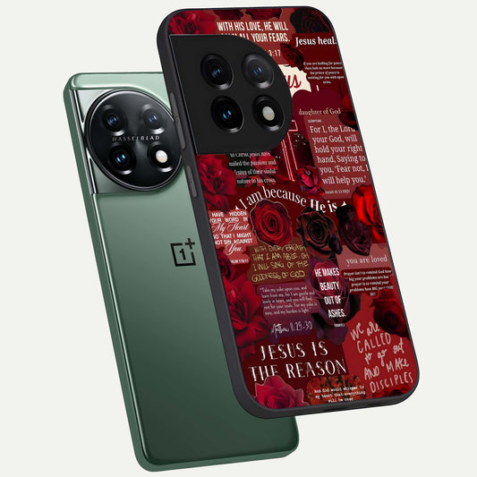  Jesus Love Heals phone case For OnePlus 11 showing premium glass back cover with detailed artwork