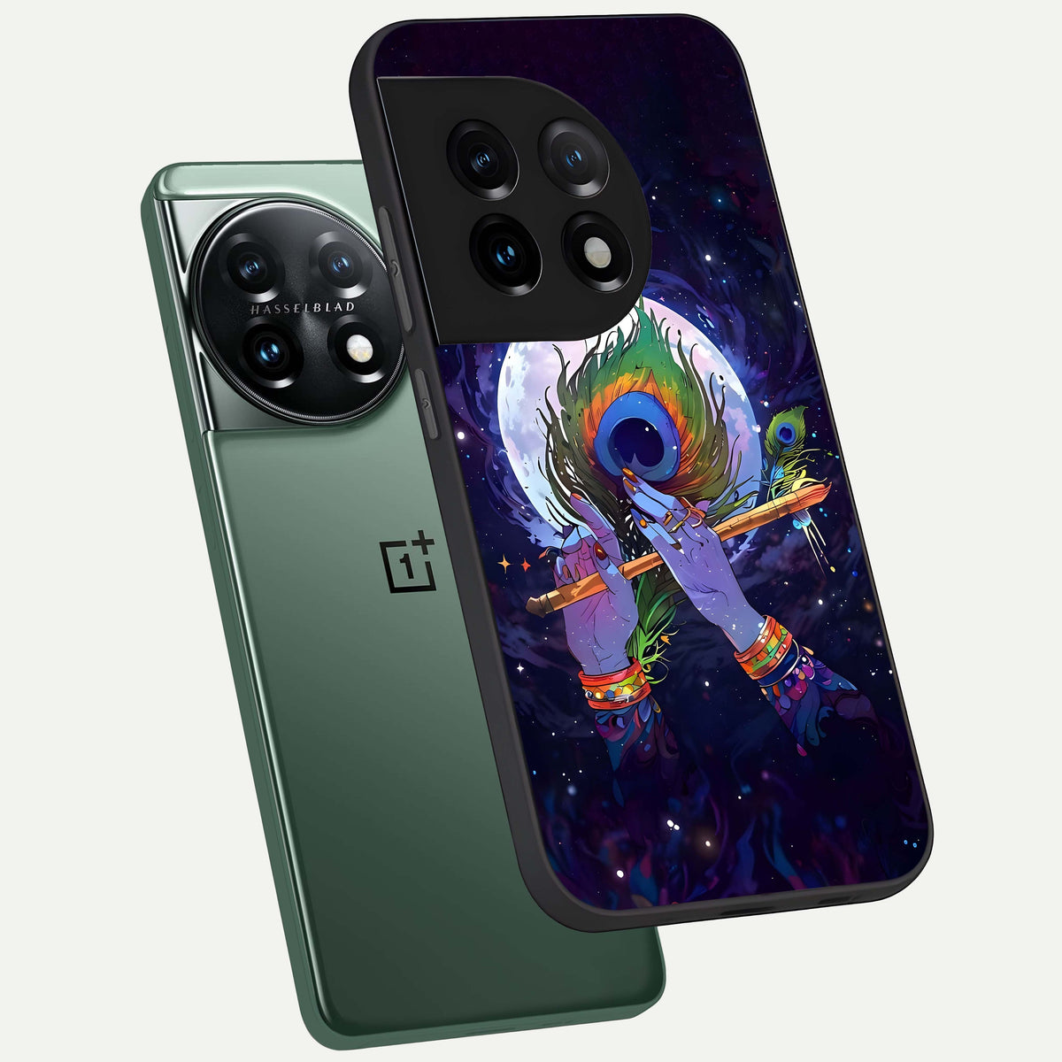  Krishna Hands Art phone case For OnePlus 11 showing premium glass back cover with detailed artwork