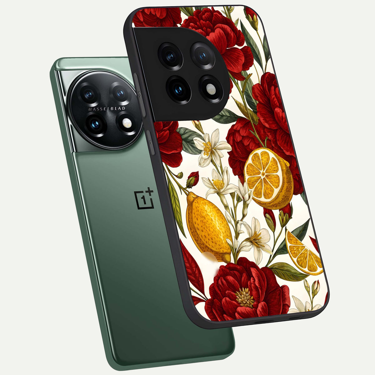  Lemon Rose Charm phone case For OnePlus 11 showing premium glass back cover with detailed artwork