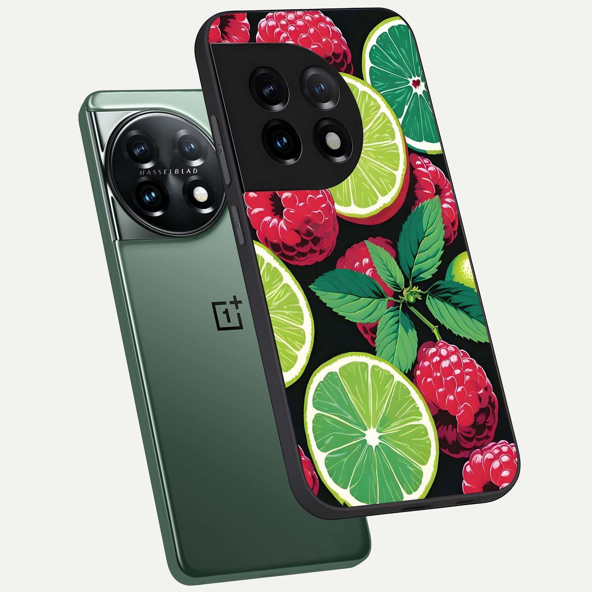  Lime and Raspberry Pattern phone case For OnePlus 11 showing premium glass back cover with detailed artwork